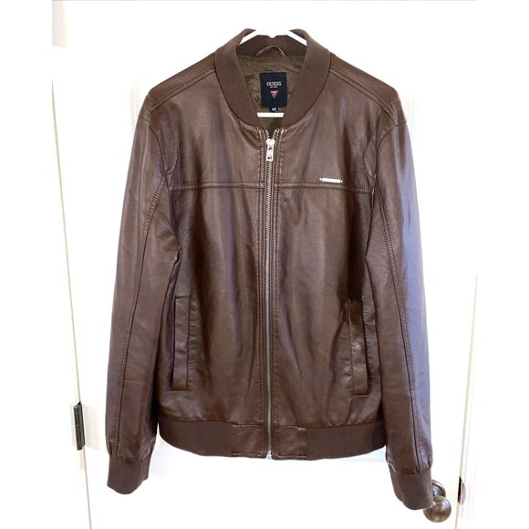 Guess Men's Brown Faux-Leather Motorcycle Bomber‎ Jacket Coat Large - Picture 1 of 12